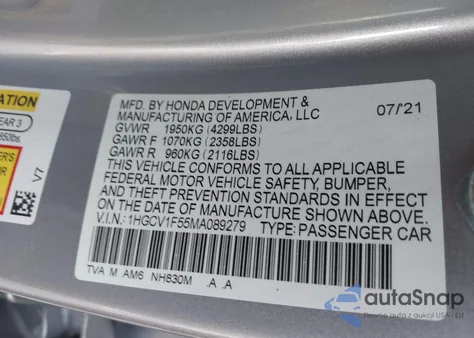2021 Honda Accord Ex-L z USA, uszkodzony, nr VIN 1HGCV1F55MA089279